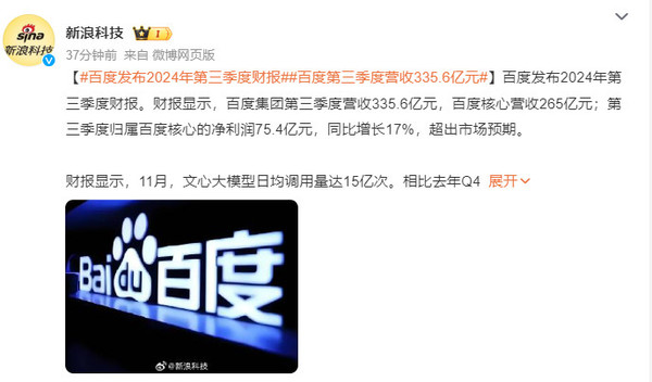 百度发布2024年第三季度财报：营收335.6亿 净利75亿