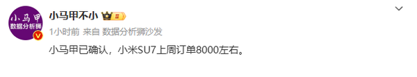 网传小米汽车上周新增订单约8000份 等车时间超20周