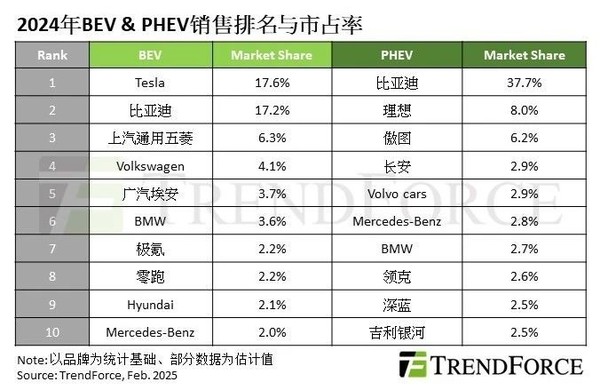 2024年全球纯电市场车企市占率排行 特斯拉比亚迪前二
