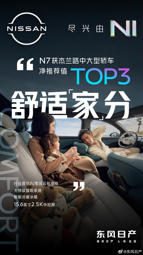 东风日产N7获杰兰路中大型轿车净推荐值TOP3 东风日产N7获杰兰路中大型轿车净推荐值TOP3